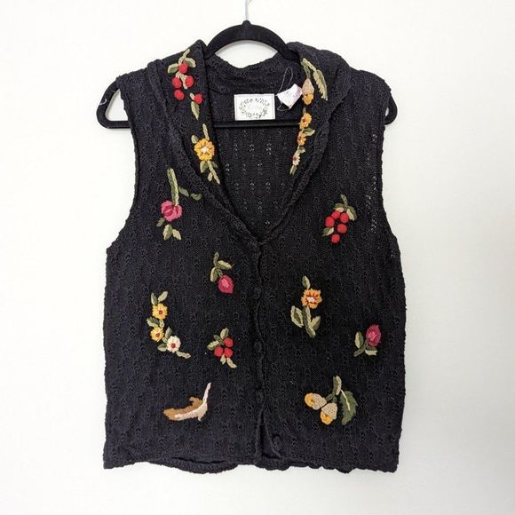 Erika Sweaters - Vintage Erika Black Floral Embroidered Button Front Sweater Vest